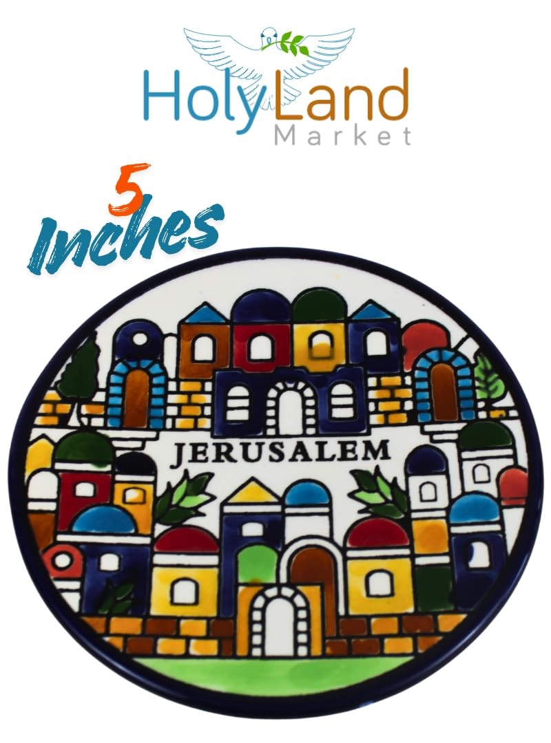 Holy Land Market Jerusalem View Ceramic Kiddush Cup Set with Matching Plate,