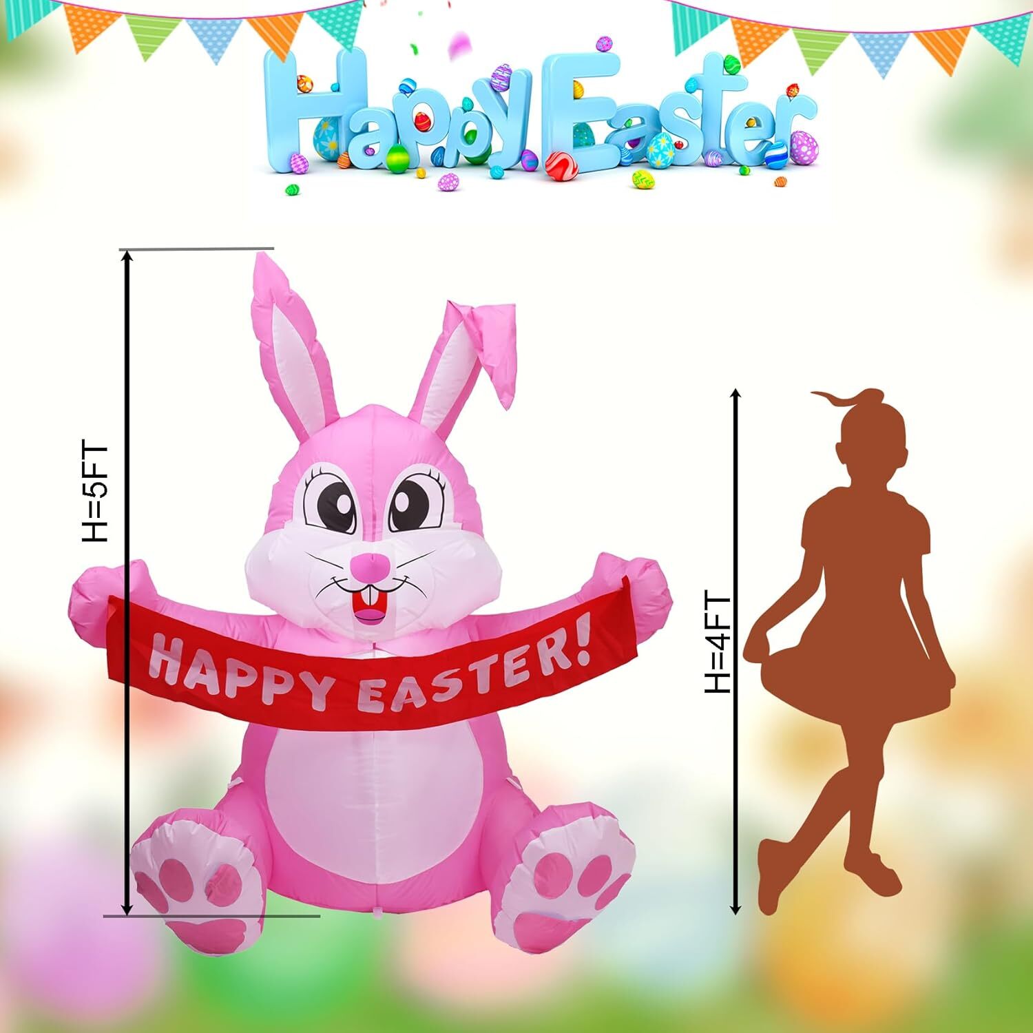 5 FT Easter Pink Bunny Inflatable Lighted Yard Decorations LED Blow up Rabbit