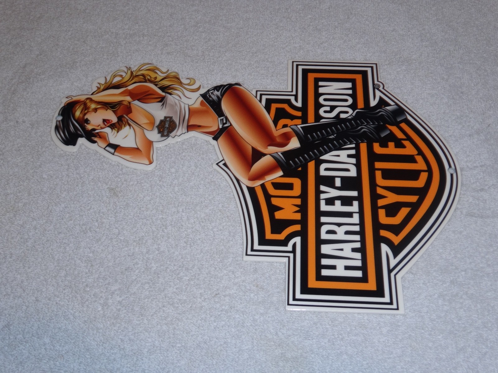 VINTAGE HARLEY DAVIDSON MOTORCYCLE WOMAN 👩 12" MOTOR CYCLE GASOLINE & OIL SIGN