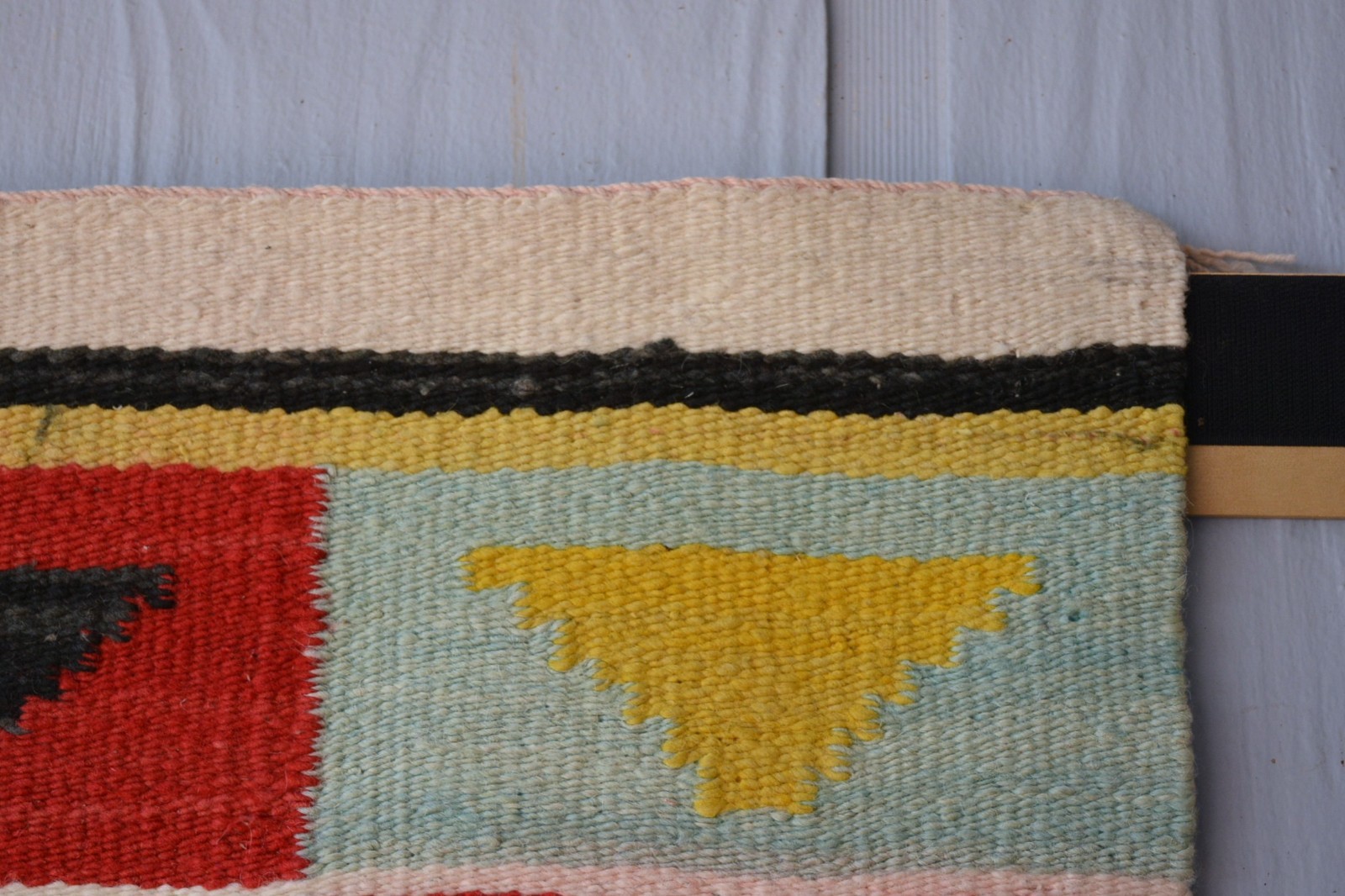 Unique Old Navajo Rug - Optical Design in Turquoise Yellow Red Black - 39" x 19"