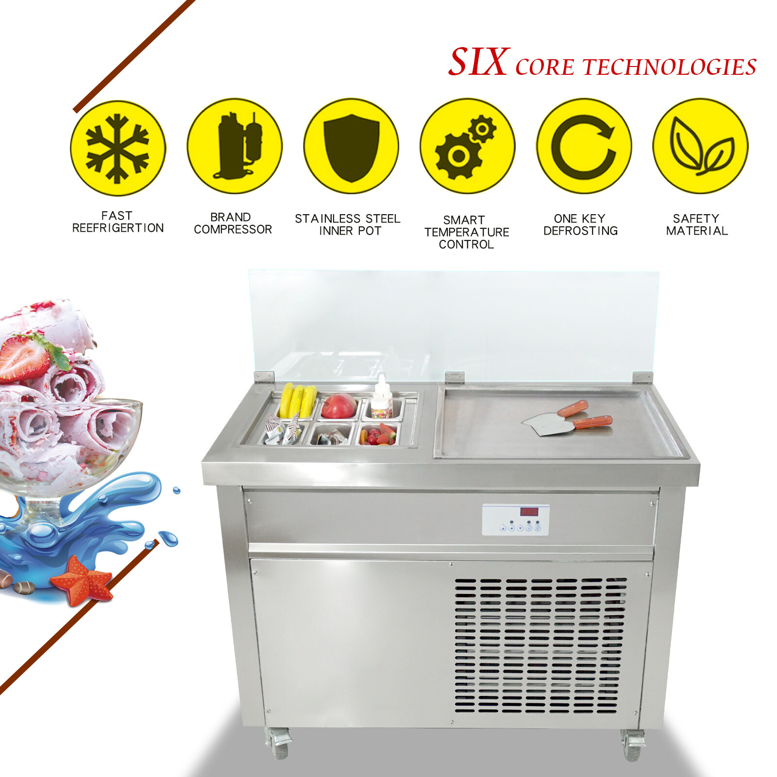 Commercial fried ice cream roll machine single pan with 6pcs refrigerated tanks