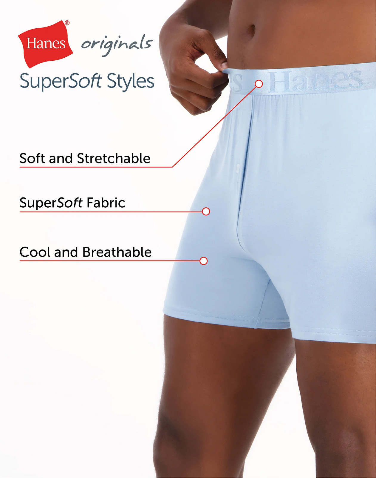 Hanes Originals Ultimate Men's SuperSoft Knit Boxer Underwear, Blue/Grey/Red,