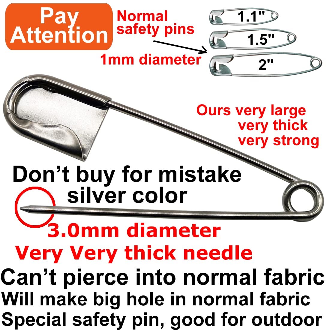 5 PCS of 5 Inch Heavy Duty Jumbo Stainless Steel Safety Pins Silver