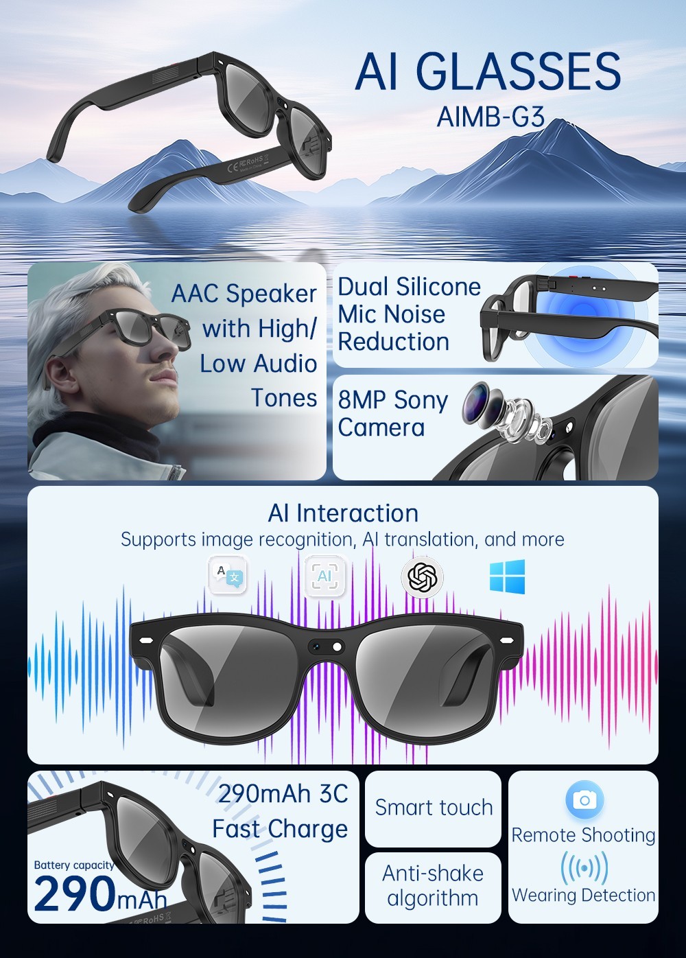 AI Smart Glasses with Interchangeable Lenses HD Camera Bluetooth for iOS Android