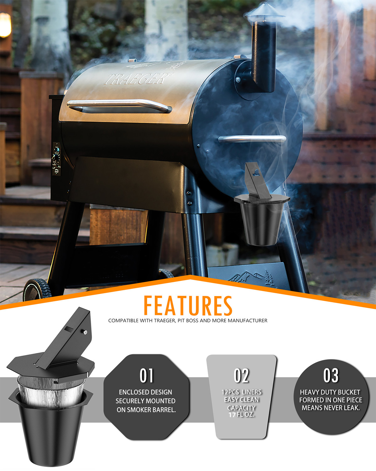 Upgraded Grease Bucket with Lid, Drip Bucket for Traeger, Pit Boss, Z Grills