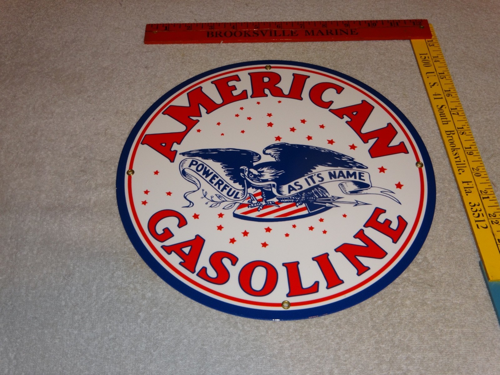 VINTAGE AMERICAN GASOLINE POWERFUL EAGLE 11 3/4" PORCELAIN METAL GAS & OIL SIGN