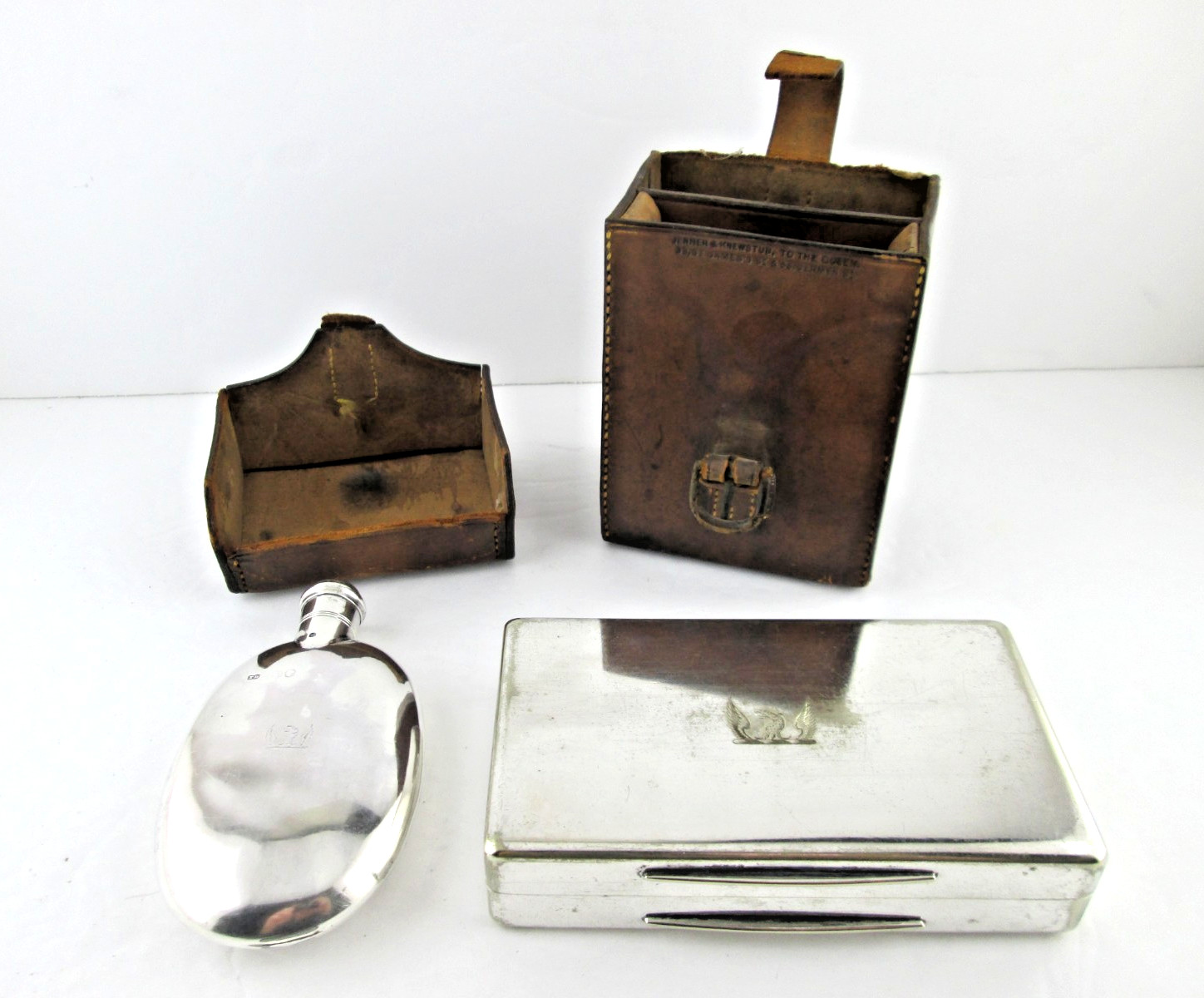 Victorian Antique Leather Case Sterling Silver Spirit Flask plus Cigarette Case