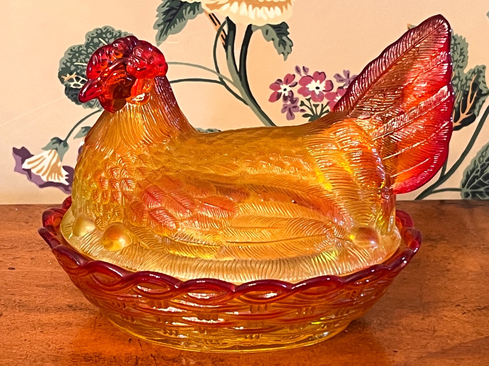 RARE! LG Wright XL Amberina Glass Hen On Nest 7 1/2" MINT!
