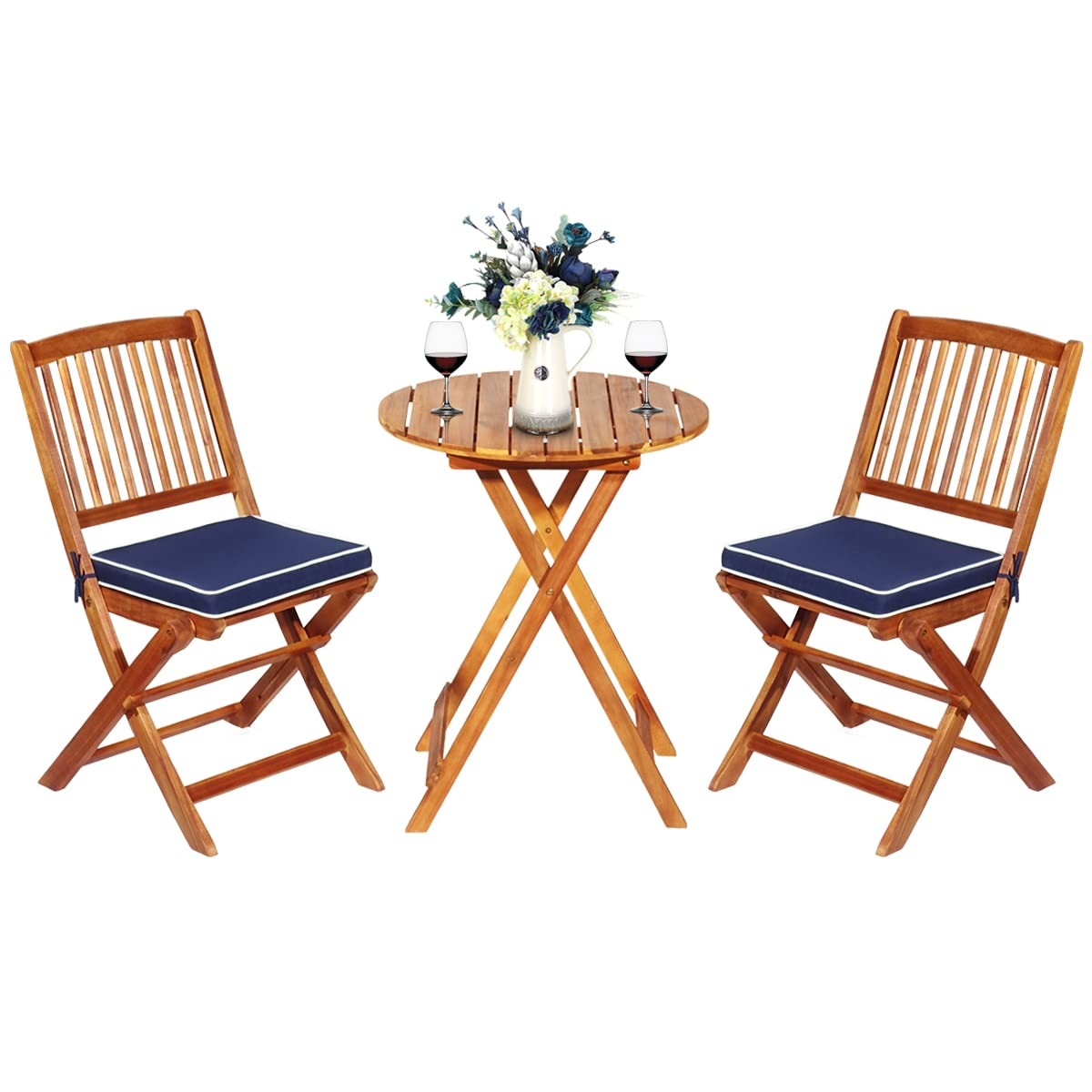 3 Piece Acacia Wood Folding Outdoor Bistro Set Round Table Cushion Navy Blue