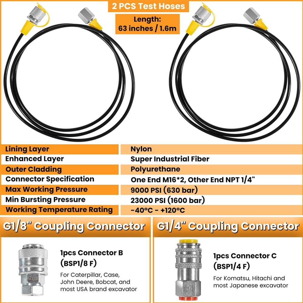 70M Digital Hydraulic Pressure Test Kit-2 Gauge 11 Coupling 2 Hose for Excavator