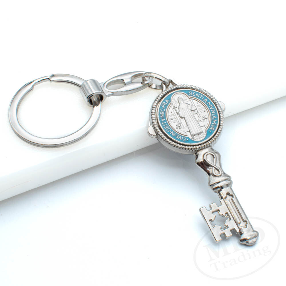 Saint St Benedict Key Shaped Medal Pendant Key Chain Silver & Blue - Religious