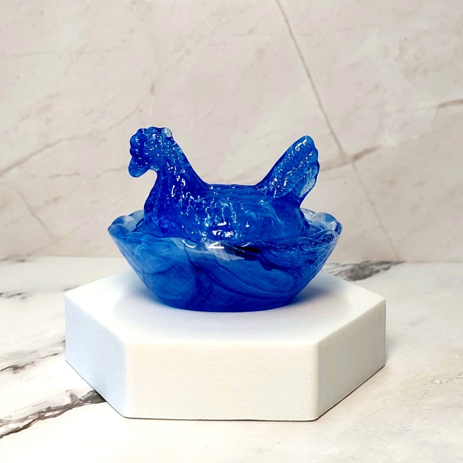 Blue Cream Swirl Hen on Nest Chicken Salt Dish, Depression Style Glass, Kitchen