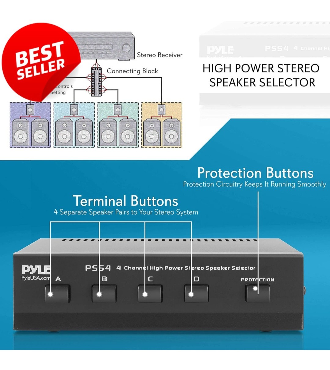 PYLE 4-Zone Speaker Switch Selector Premium Distribution Box PSS4 US