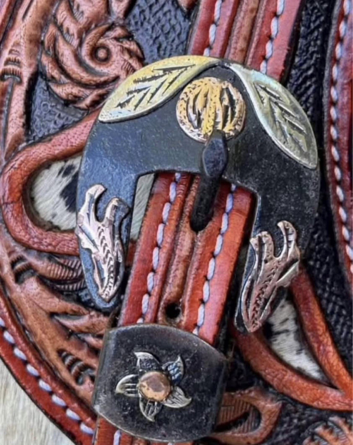 Adult Size Tooled Top Grain Leather Hair On Cowhide Western PAIR Spur Straps