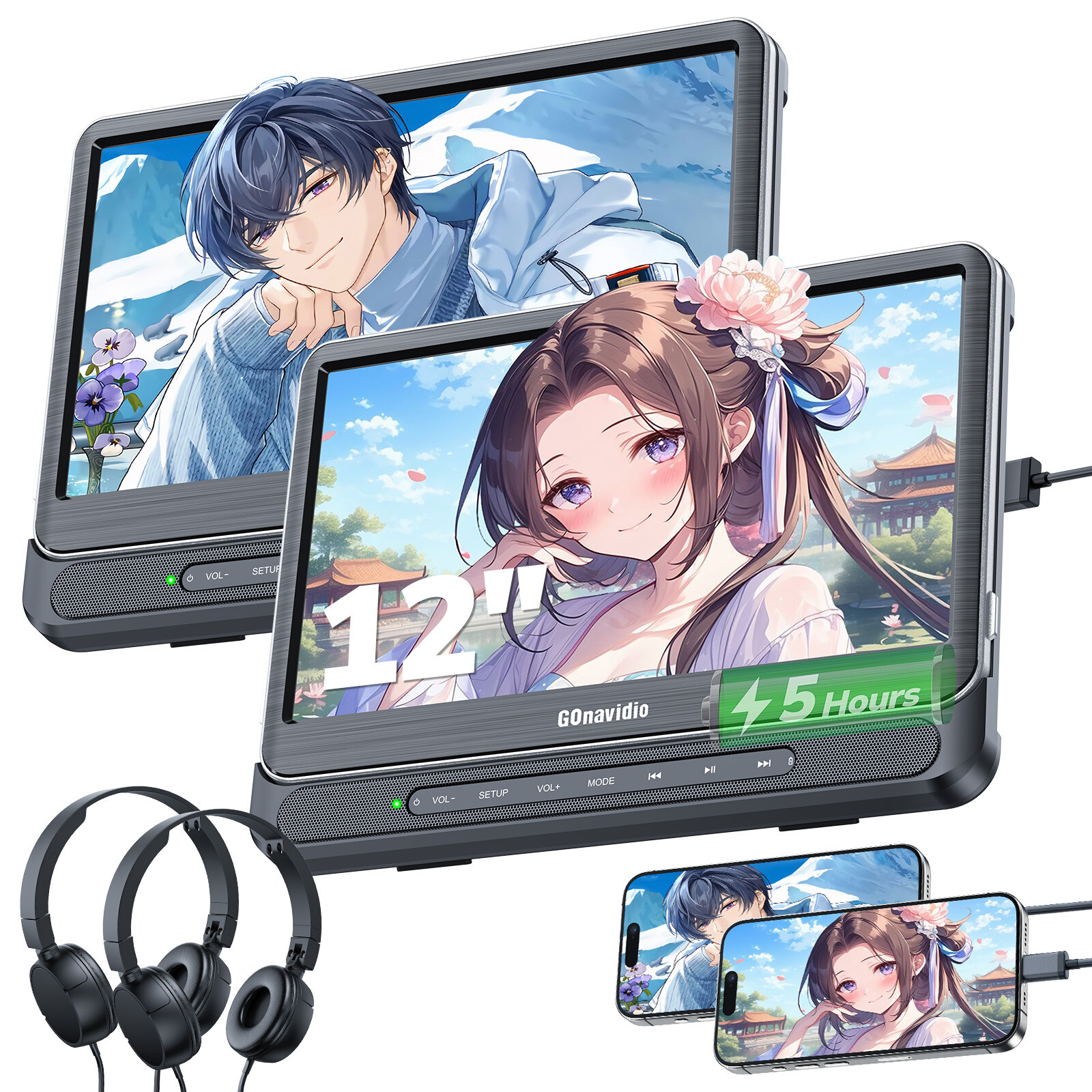 2 x 12 Inch Full HD Car Headrest Monitor TV DVD Media Player USB SD W/ Headsets[