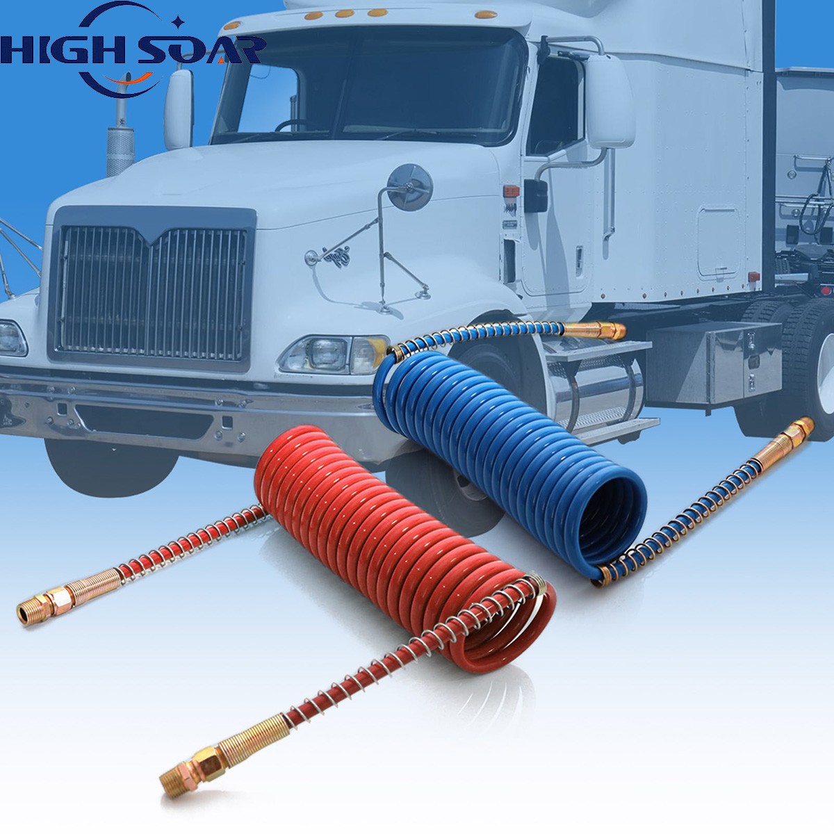 15FT Air Brake Line Coil Assembly Nylon Red & Blue Brass Fittings Semi Truck