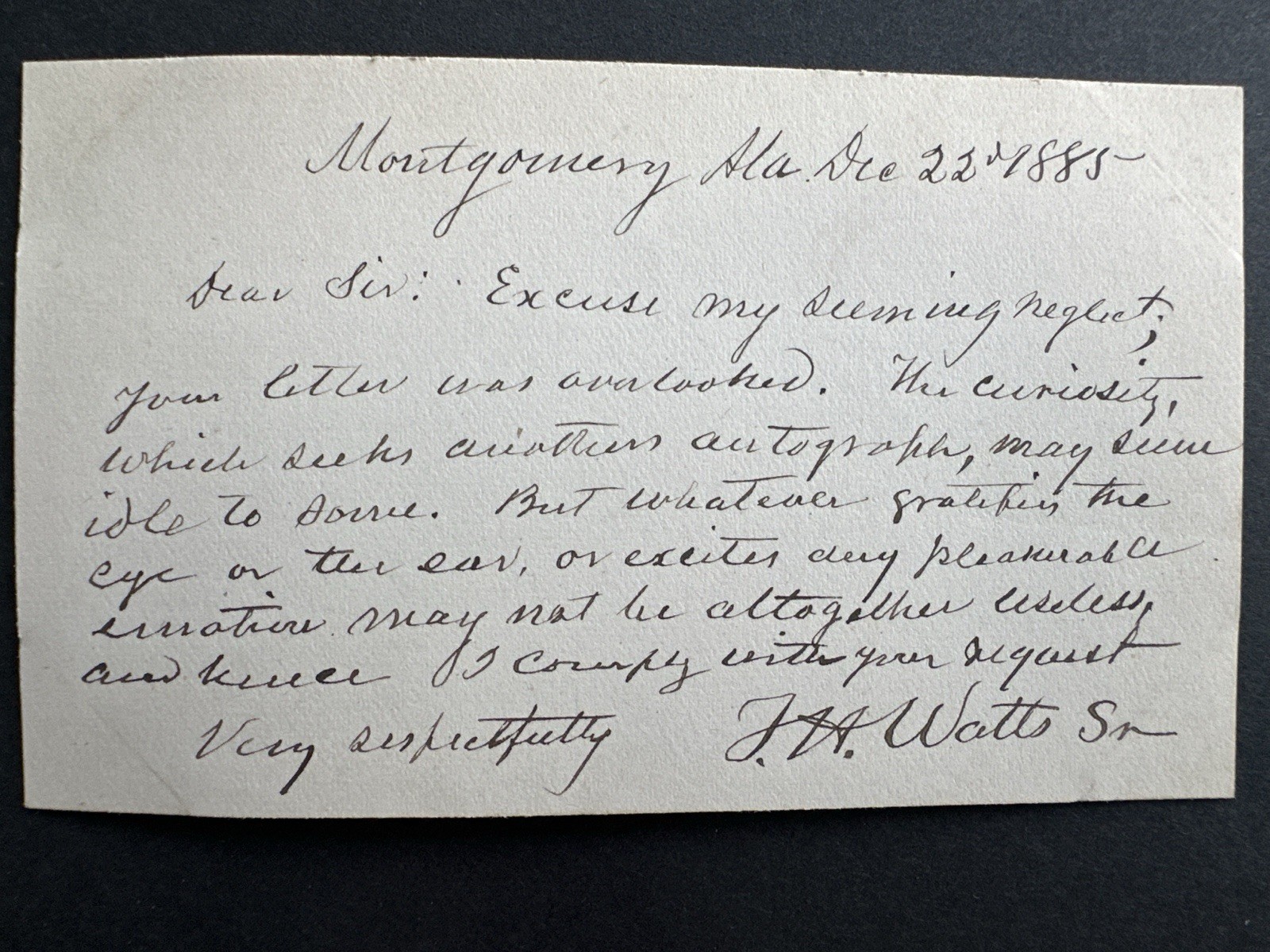 Thomas Hill Watts Confederate Attorney General Autograph Letter Civil War AL Gov