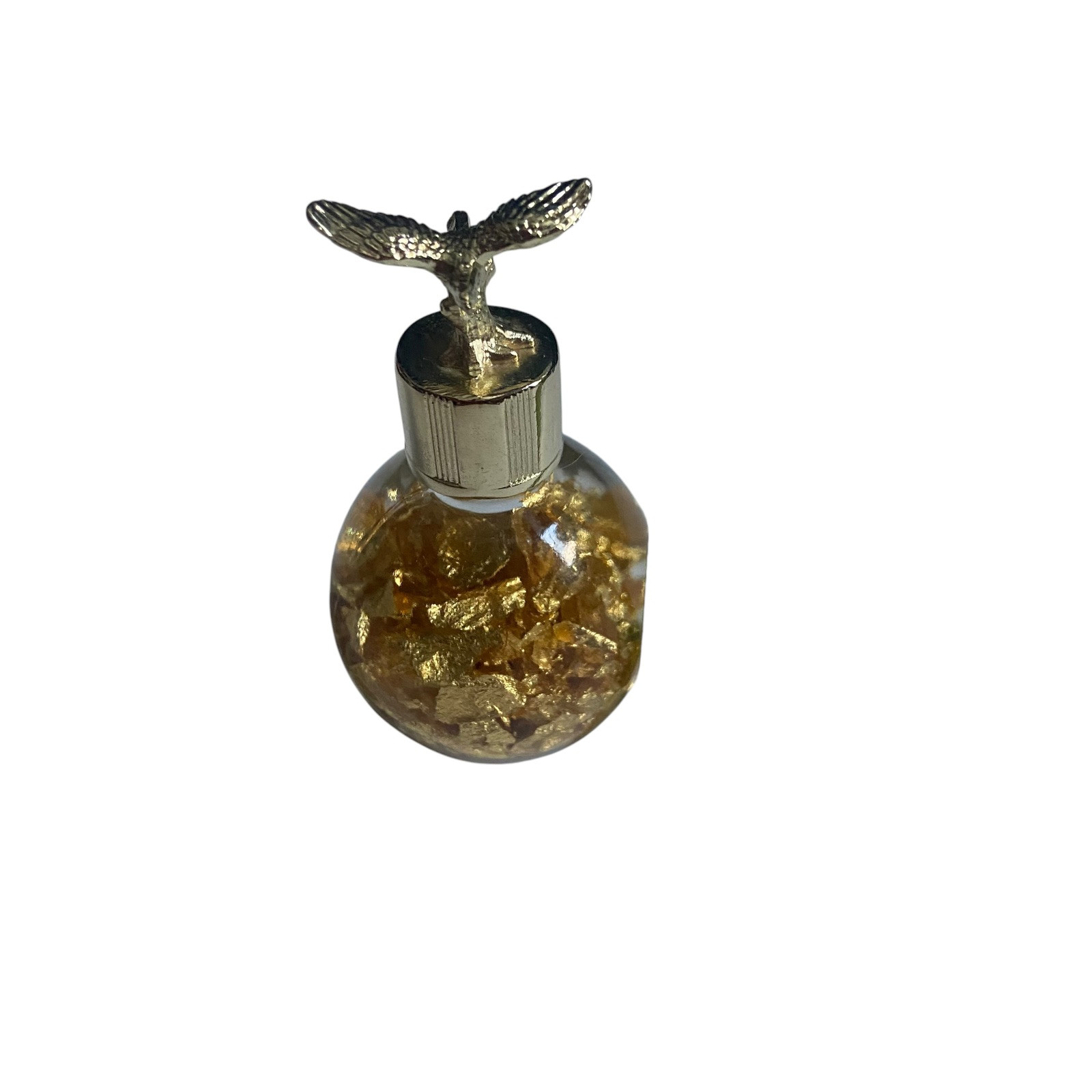 Pure Gold Flake 24 Karat Bottle 2 3/4" t Round Glass American Eagle Figure Cap