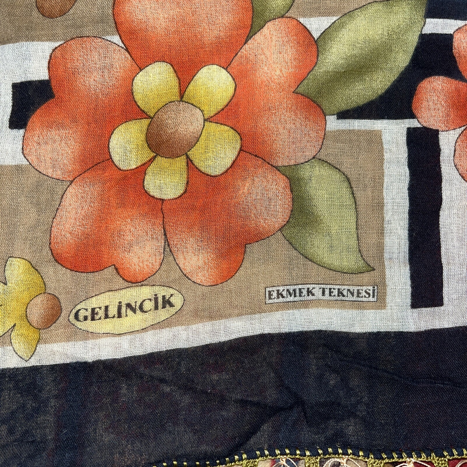 Vintage Gelincik Ekmek Teknesi Geometric Abstract Floral Lace Trim Scarf 36x36”