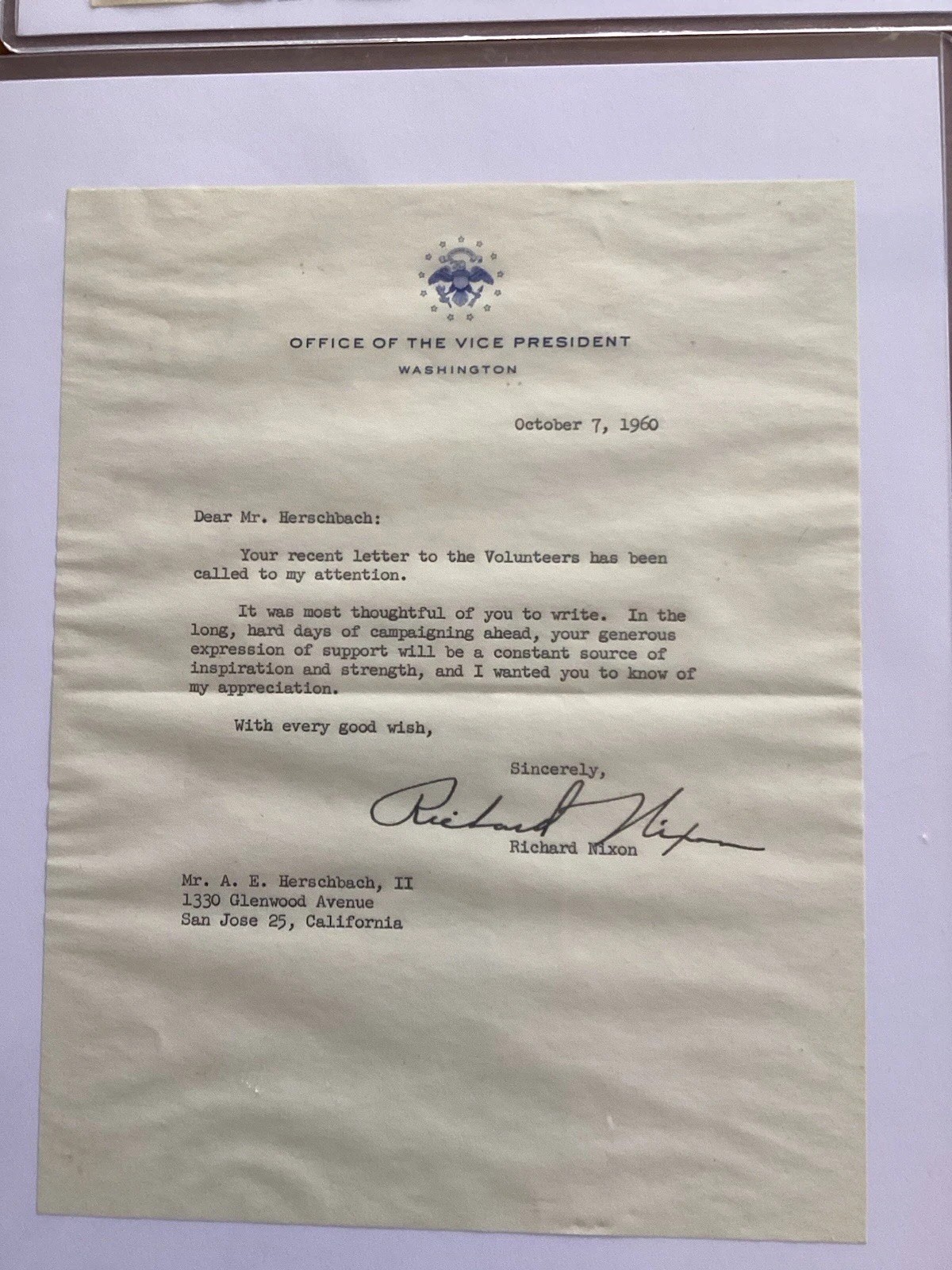 Vice President Richard Nixon Letter’s From South Bay Area California PAST!