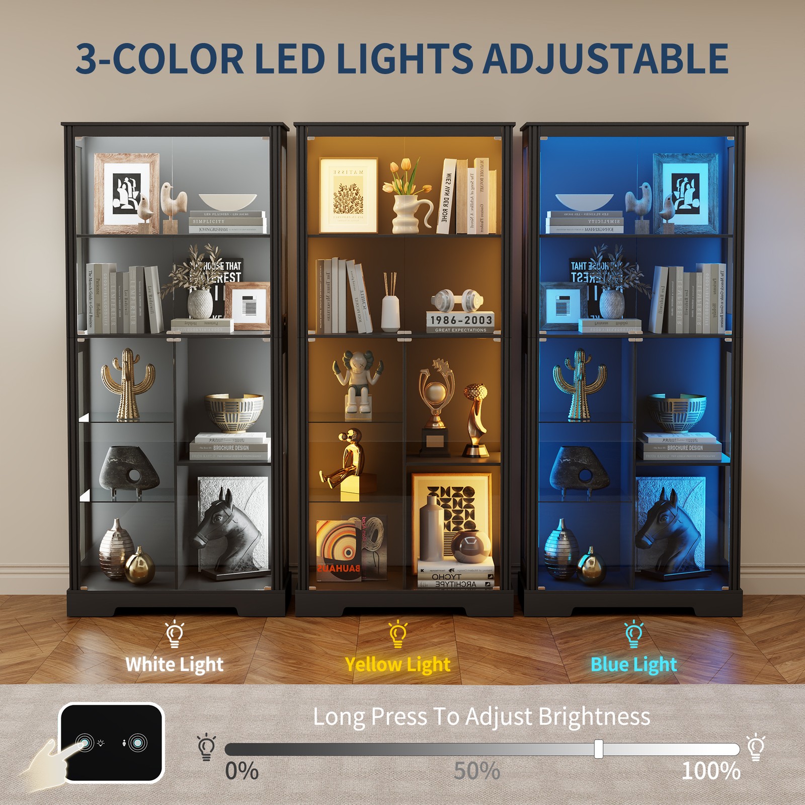 Display Cabinet with Doors, Curio Cabinet with LED Lights and Adjustable Shelves
