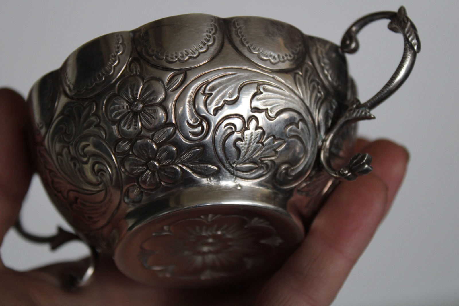 Antique 19th Century Silver Portuguese Bernegal Repousse Handled Religious Cup