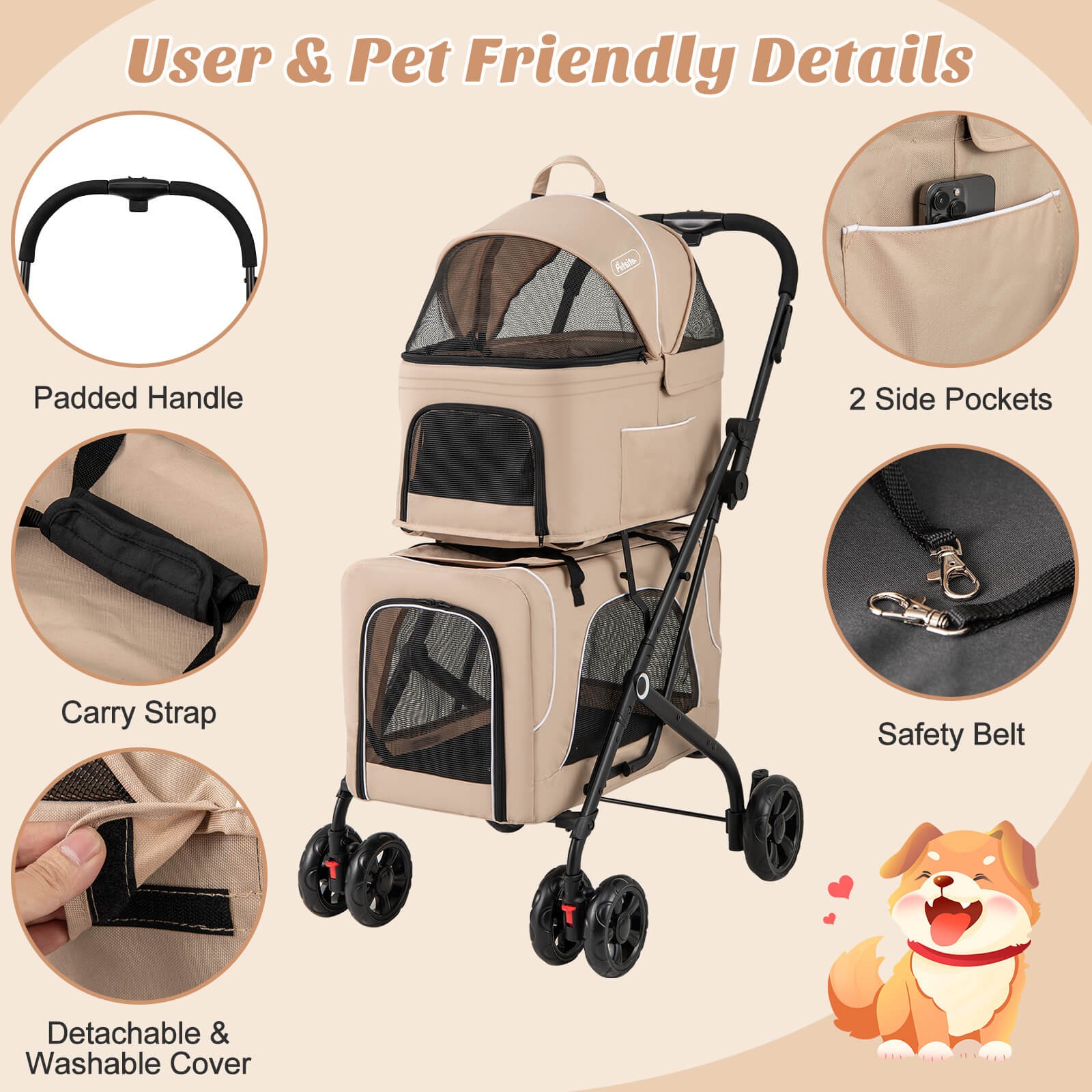 Double Pet Stroller for 2 Dogs or Cats w/ 2 Detachable Carriers Safety Belt