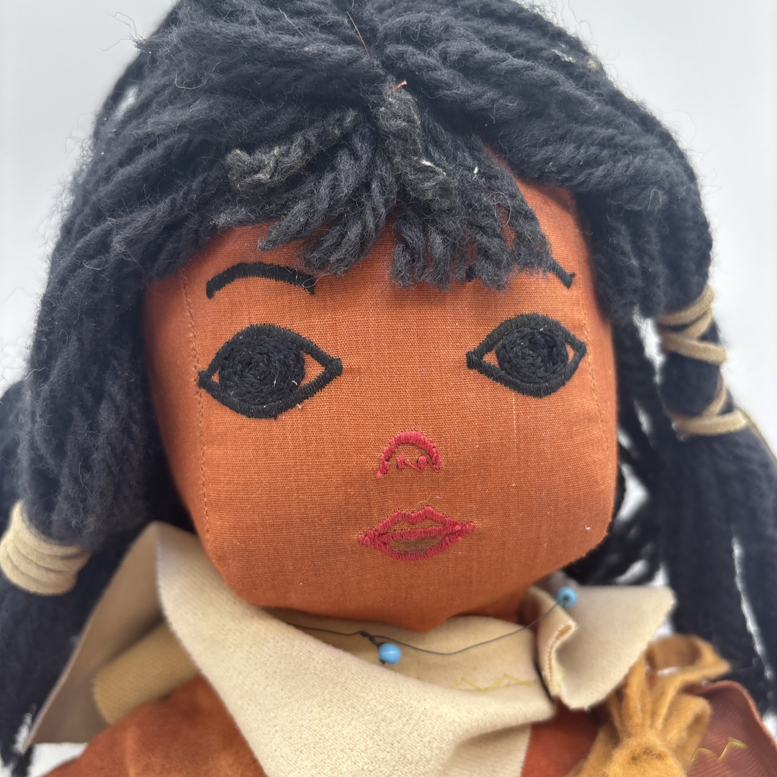 Native American Doll Yarn Hair Vintage Beads In Her Hair Female Doll {70}