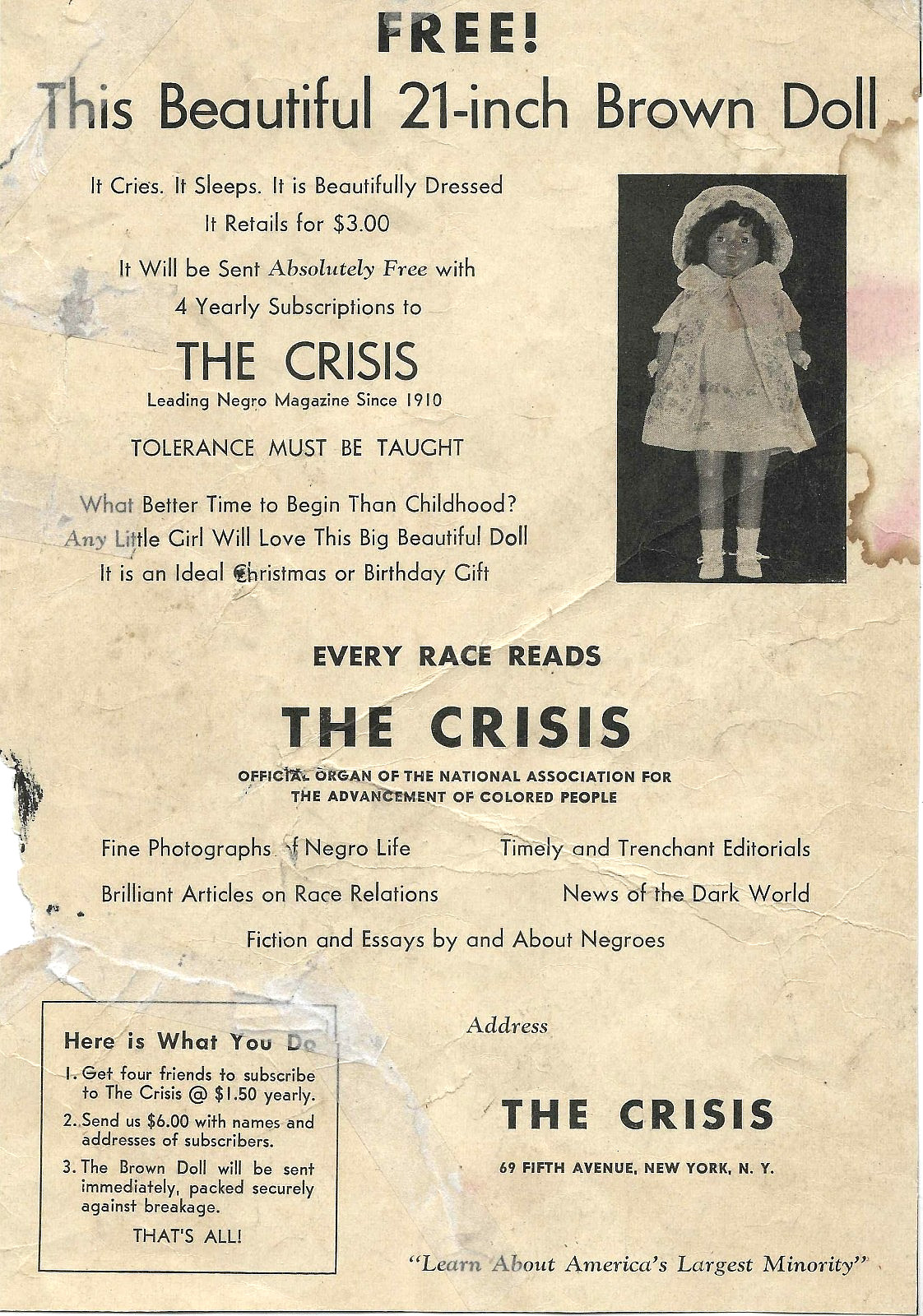 c1940~FREE! African American Doll~Vintage Promotional Ad for The Crisis Magazine