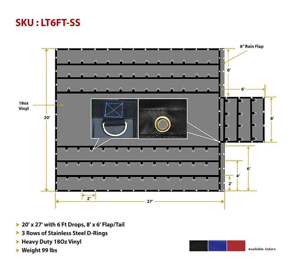 Heavy Duty 18oz Lumber Tarp 20x27 (6' Drop) - Stainless Steel D-Rings