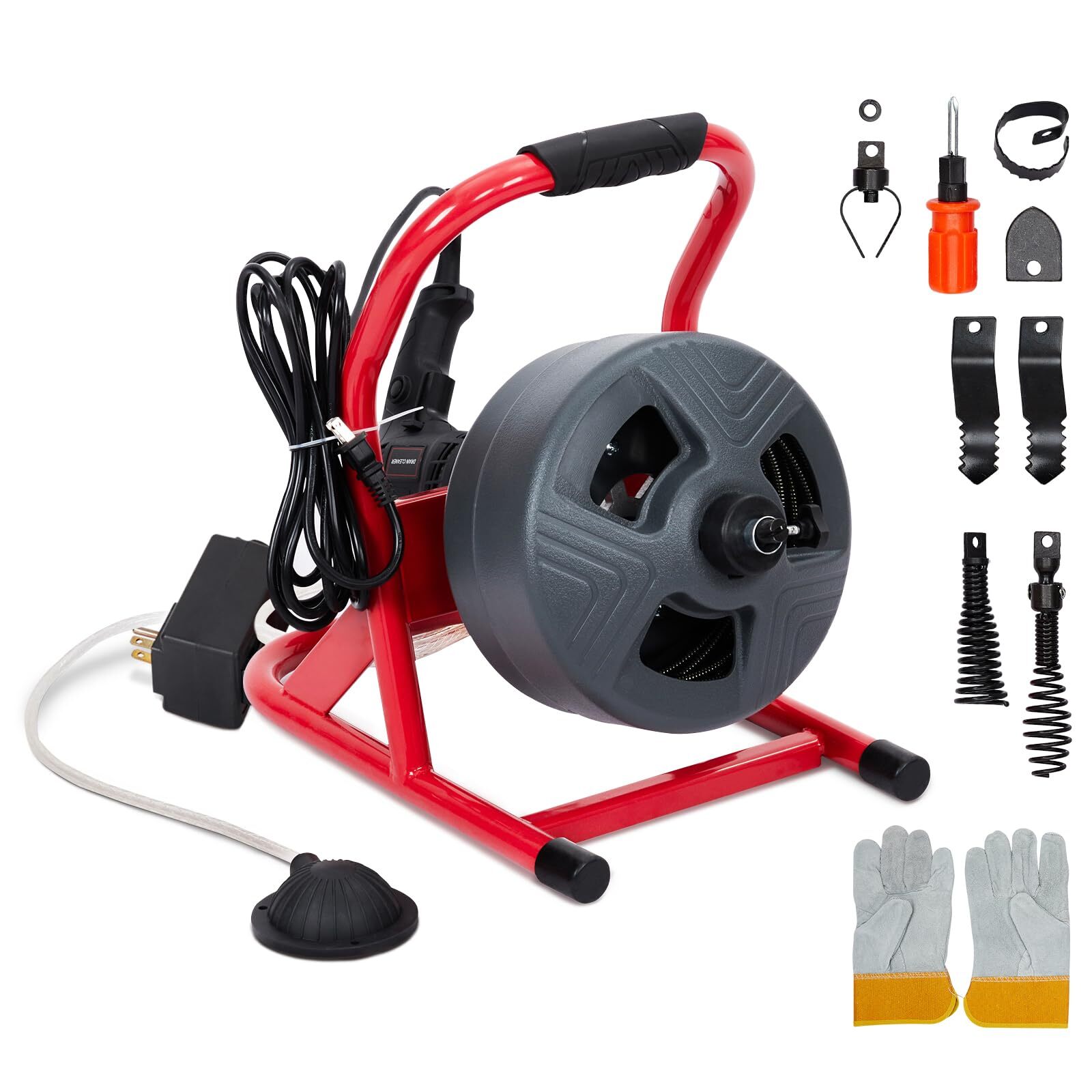 50FT 5/16" Drain Cleaner Electric Sewer Snake Cleaning Machine W/ Cutters&Gloves