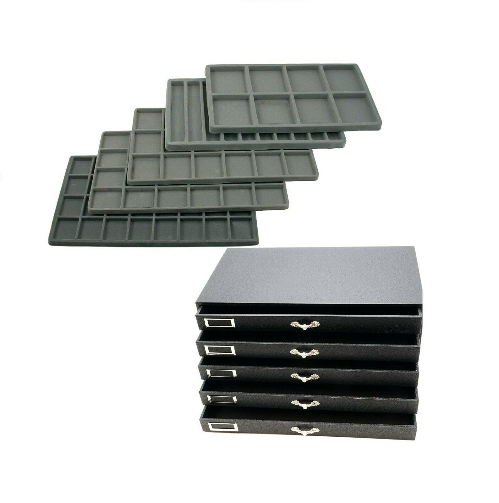 Novel Box 5 Drawer Jewelry Hobby Organizer Display Case w/Grey Flocked Compart