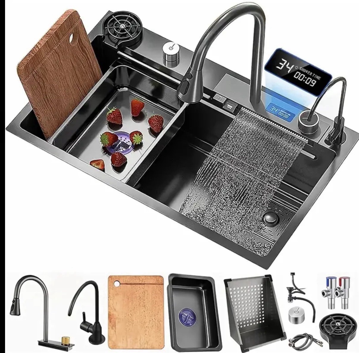Stainless Steel Waterfall Kitchen Sink Set 29.53x18.11” w/ Digital Faucet Black