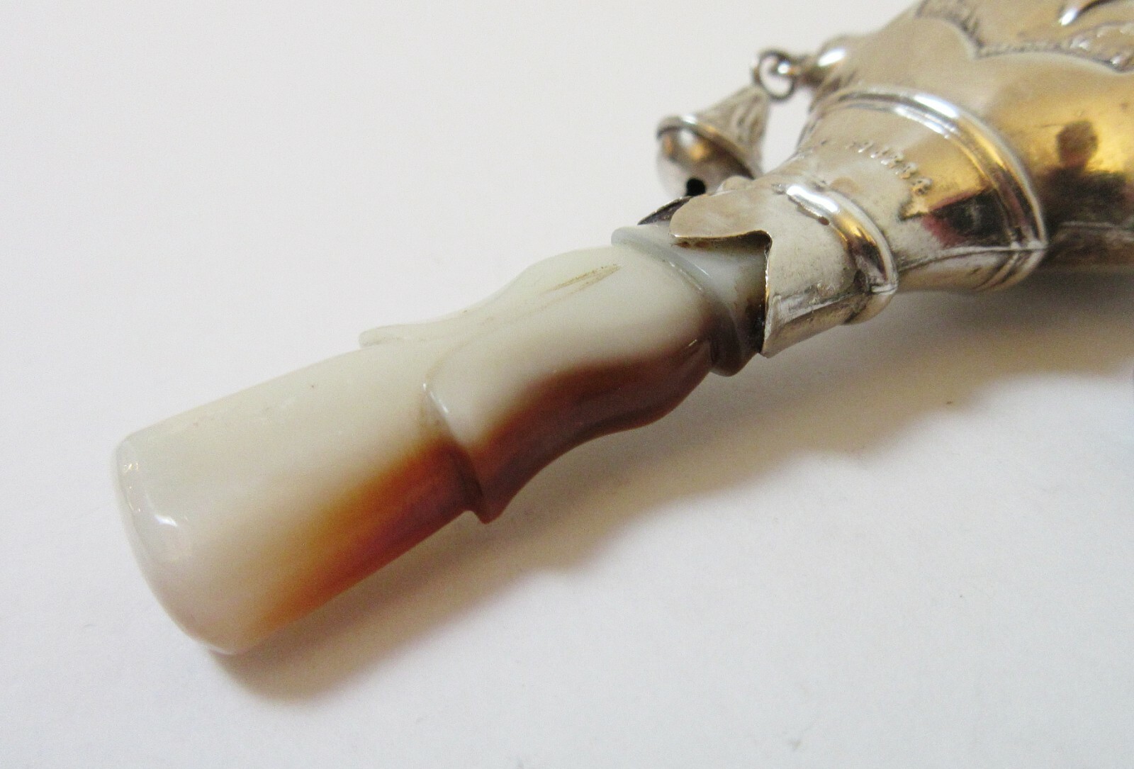 Antique Sterling Silver Rattle Cow Jumping Over Moon Carved Shell