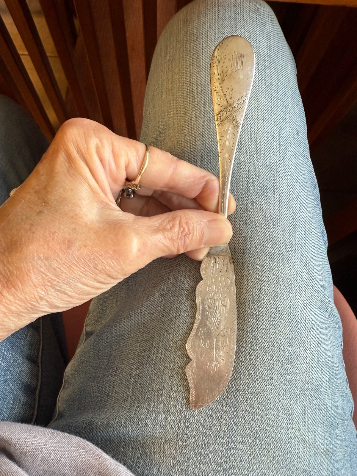 Beautiful antique Coin silver Butter knife spreader bright-cut Palmer Bachelder