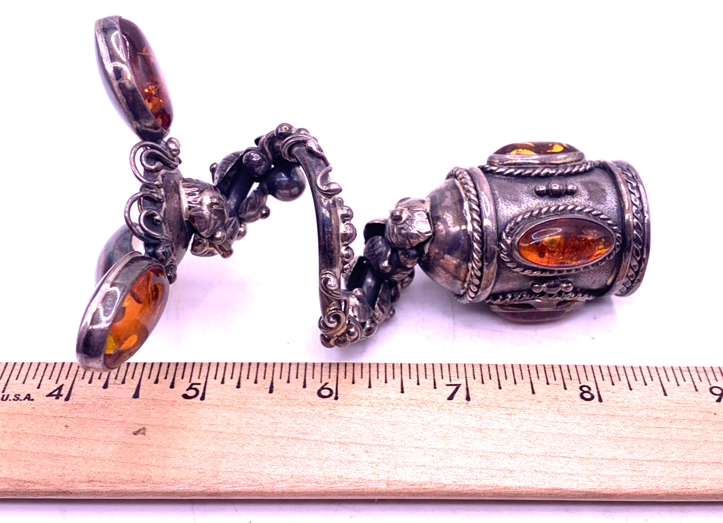 Rare Sterling Silver Candle stick Holder with Baltic Amber Cabochons 88g Poland