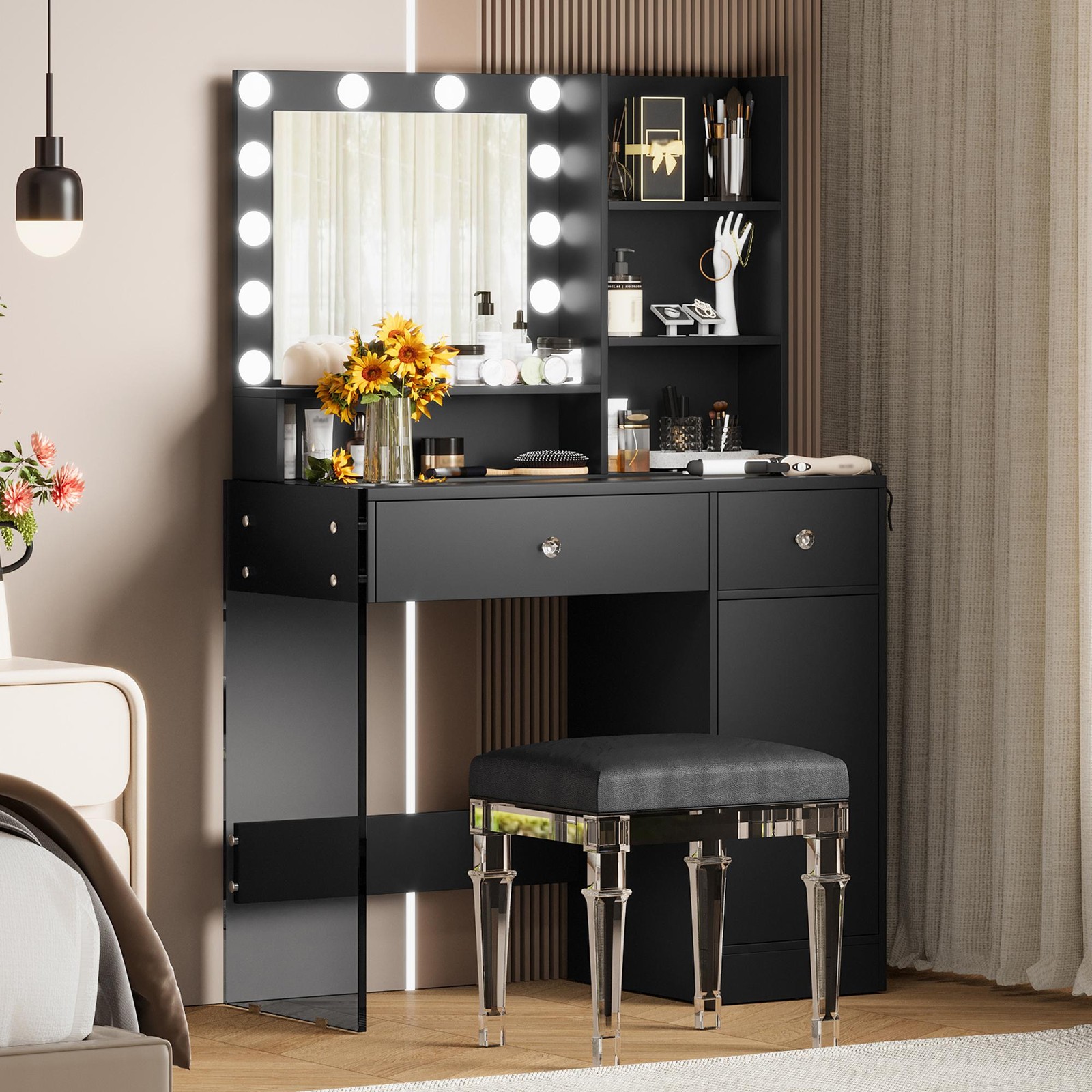 Vinsetto Vanity Desk with Mirror and 3 Lighting Modes, Black