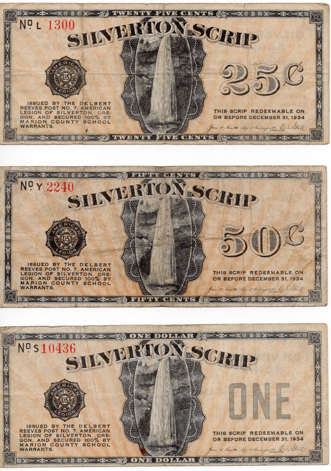 Silverton, Oregon - full set of 1933 Depression scrip