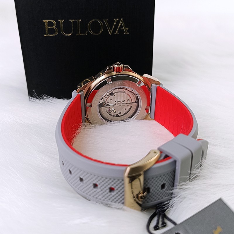Bulova Marine Star Rose Gold Dial Grey Rubber Strap Men's Automatic Watch 98A228