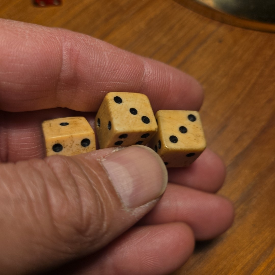 1765 Stamp Act taxed cattle bovine dice with black pips 3 Dice Vintage Hand Cut