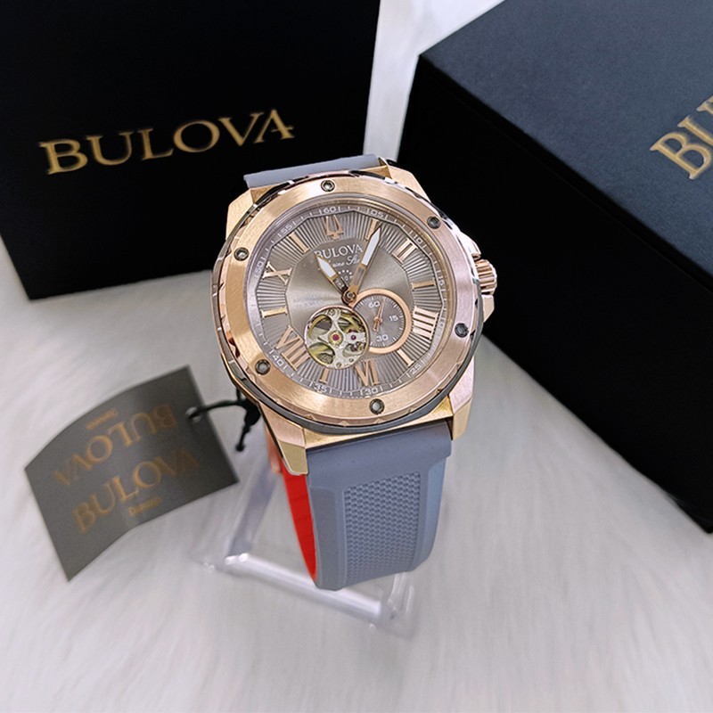 Bulova Marine Star Rose Gold Dial Grey Rubber Strap Men's Automatic Watch 98A228