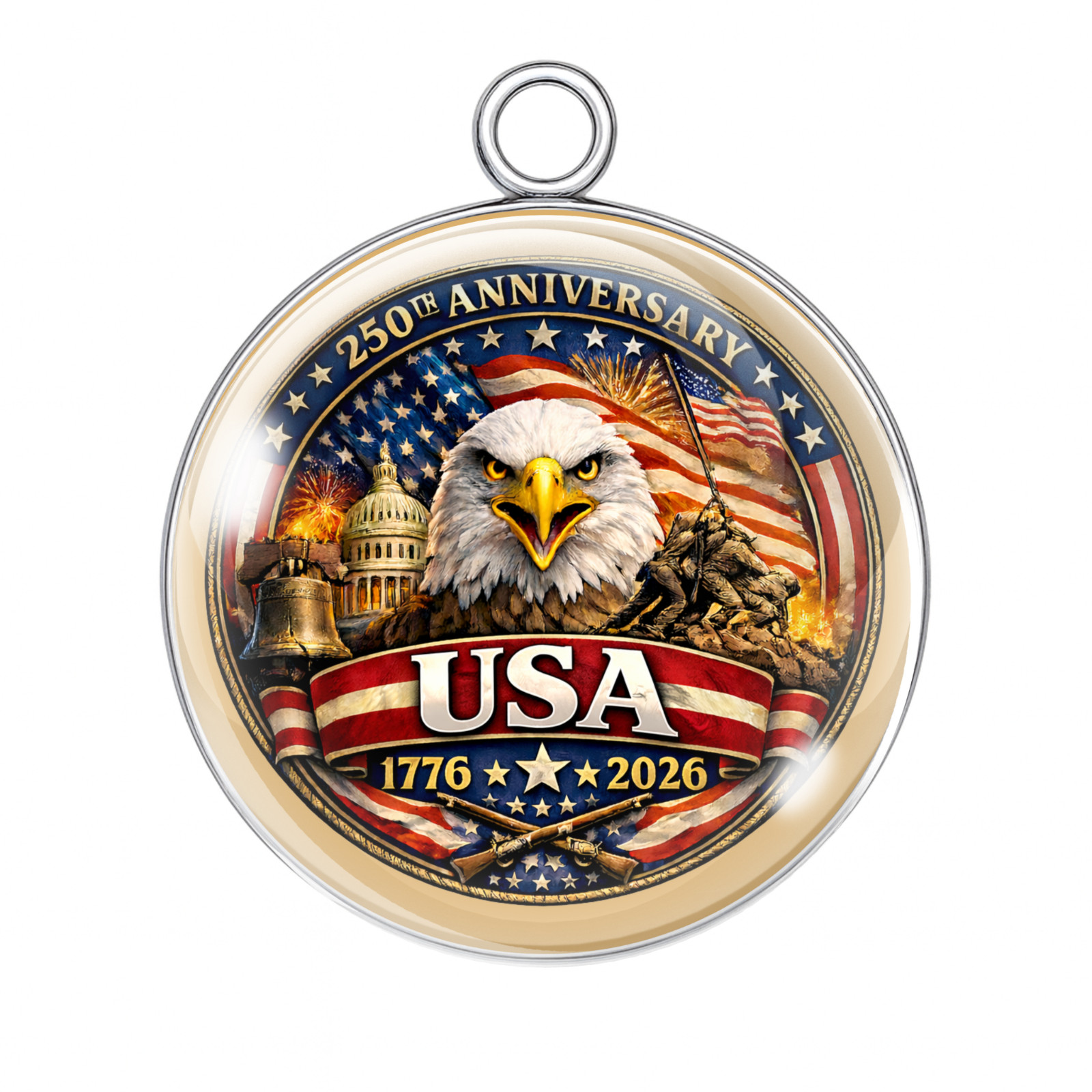 250 Years of Freedom Patriotic Charm | USA 1776–2026 Glass Cabochon | Veterans