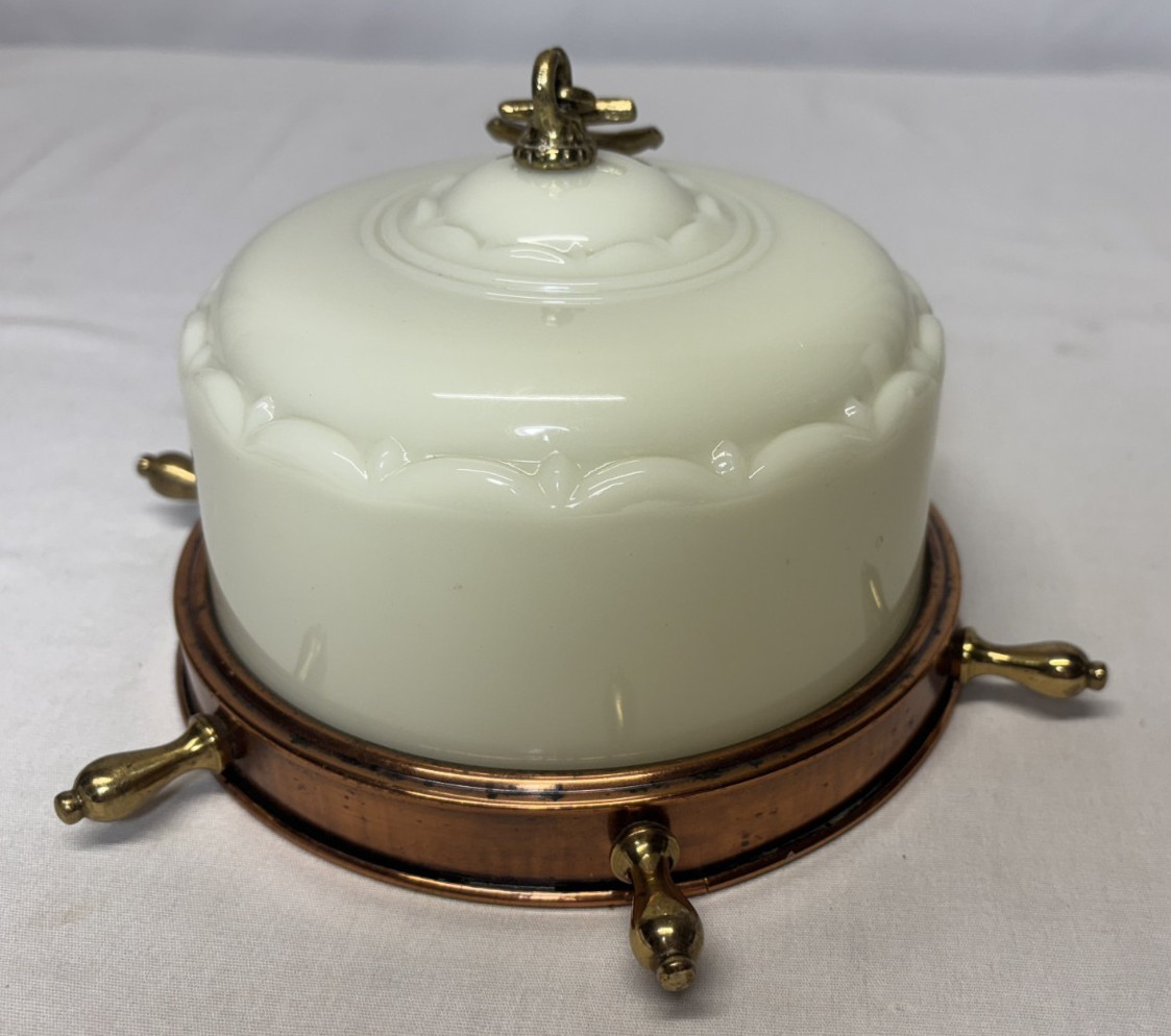 Vtg Nautical Light Fixture MCM Brass Anchor Closet Custard Art Glass Shade #L60