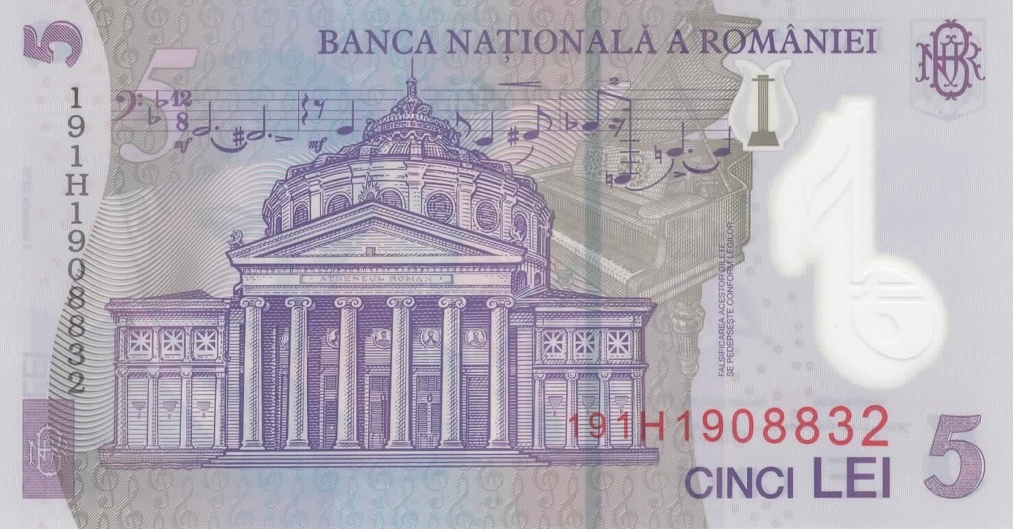 Romania 5 Leu Banknote, 2019, P-118j, UNC, Polymer Currency