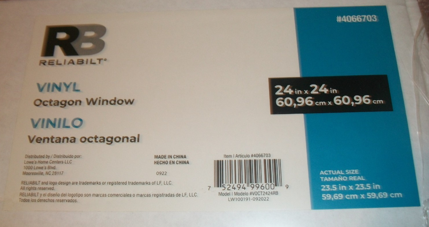 Reliabilit Vinyl Octagon Window 24” x 24” #4066703 White Model VOCT2424RB