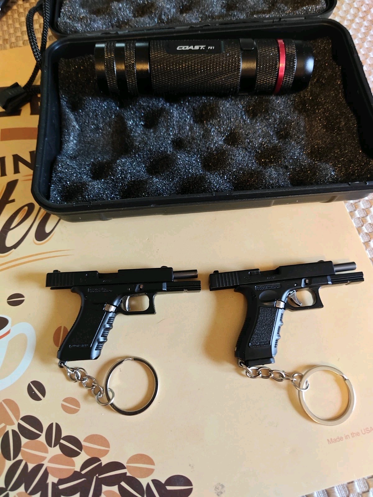 2 GL0CK 17 Mini Firearm Gun Pistol KEYCHAIN & Coast Flashlight, Includes Case