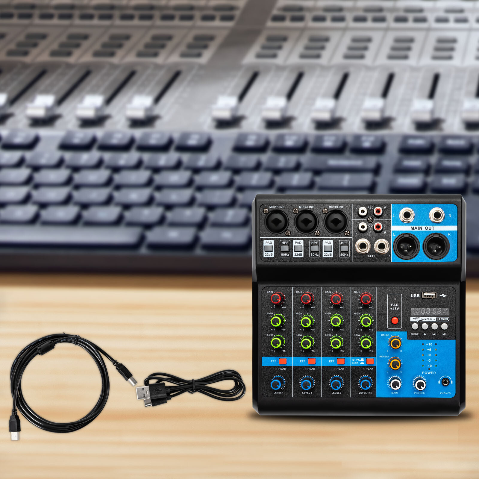 5-Channel Mixer with Bluetooth, USB, and Reverb for Live Audio Mixing