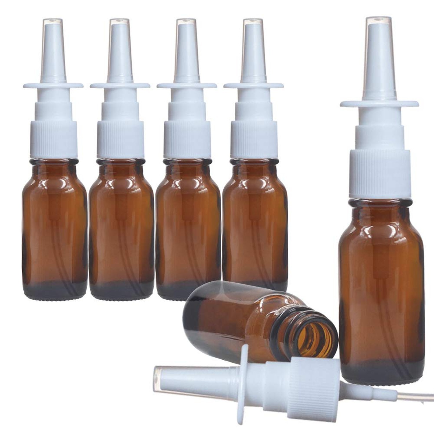 6 Pcs (5ml/0.17oz) Amber Round Empty Glass Nasal Spray Bottle with Press Spra...
