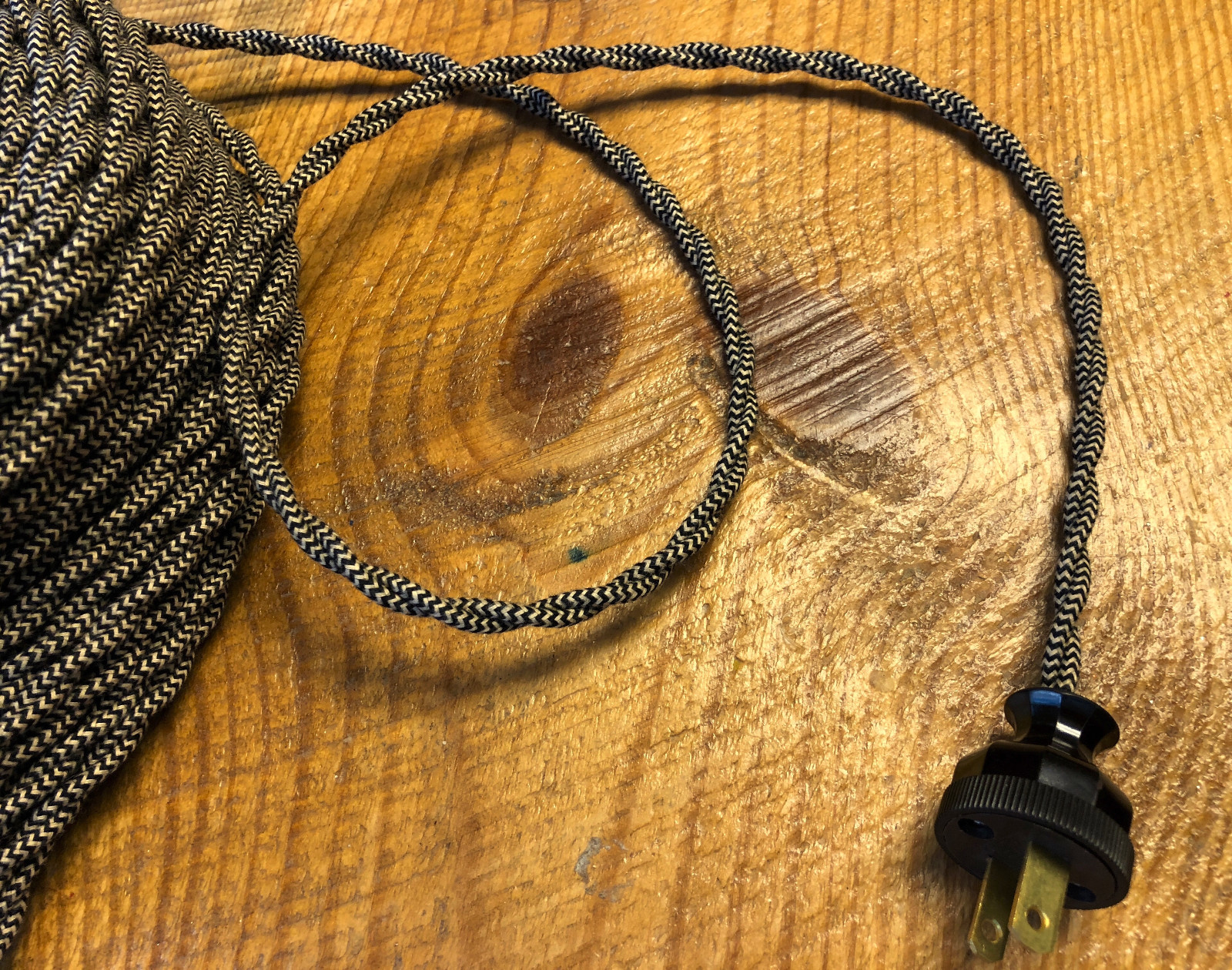 Cloth Covered Twisted Wire - Black/Tan Pattern, Vintage Style Fabric Lamp Cord