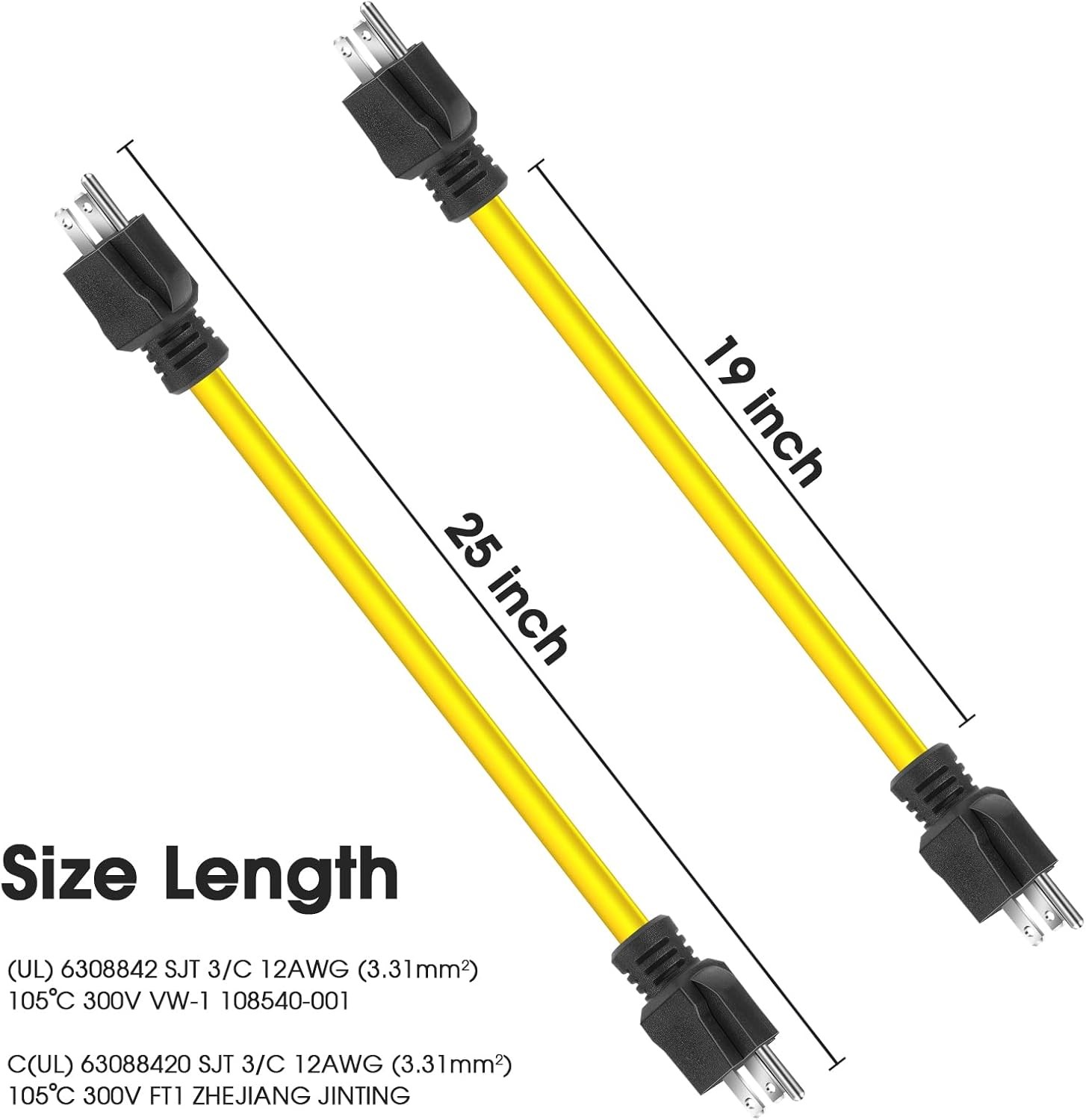 3 Prong Plug 125V Double Male Extension Cord NEMA 5-15P to 5-15P Adapter Yellow